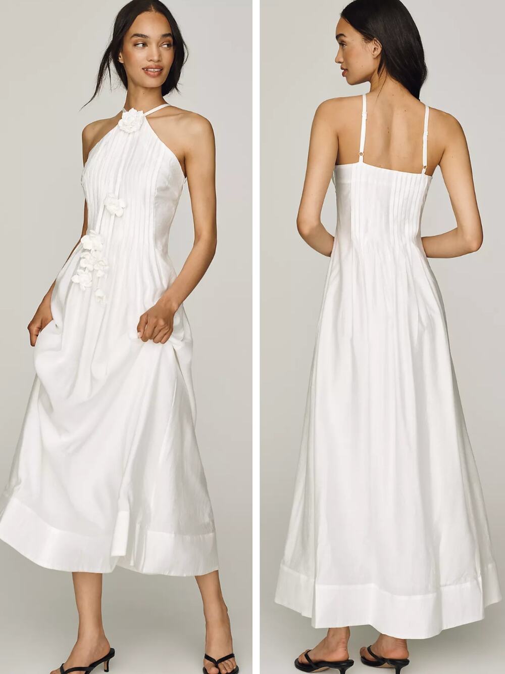 ENGLISH FACTORY Crochet Flower Trim Pleated Maxi Dress in White Size XS
